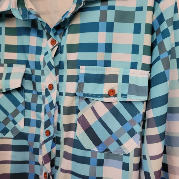 Button down blouse XL long sleeves colorful plaid Women's Polyester Ombre - Picture 4 of 10